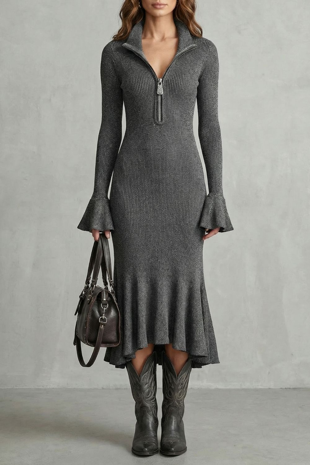 Veloria – Flared cuff elegance – Zip midi dress-10452979548503-OLVIA ROSE LONDON