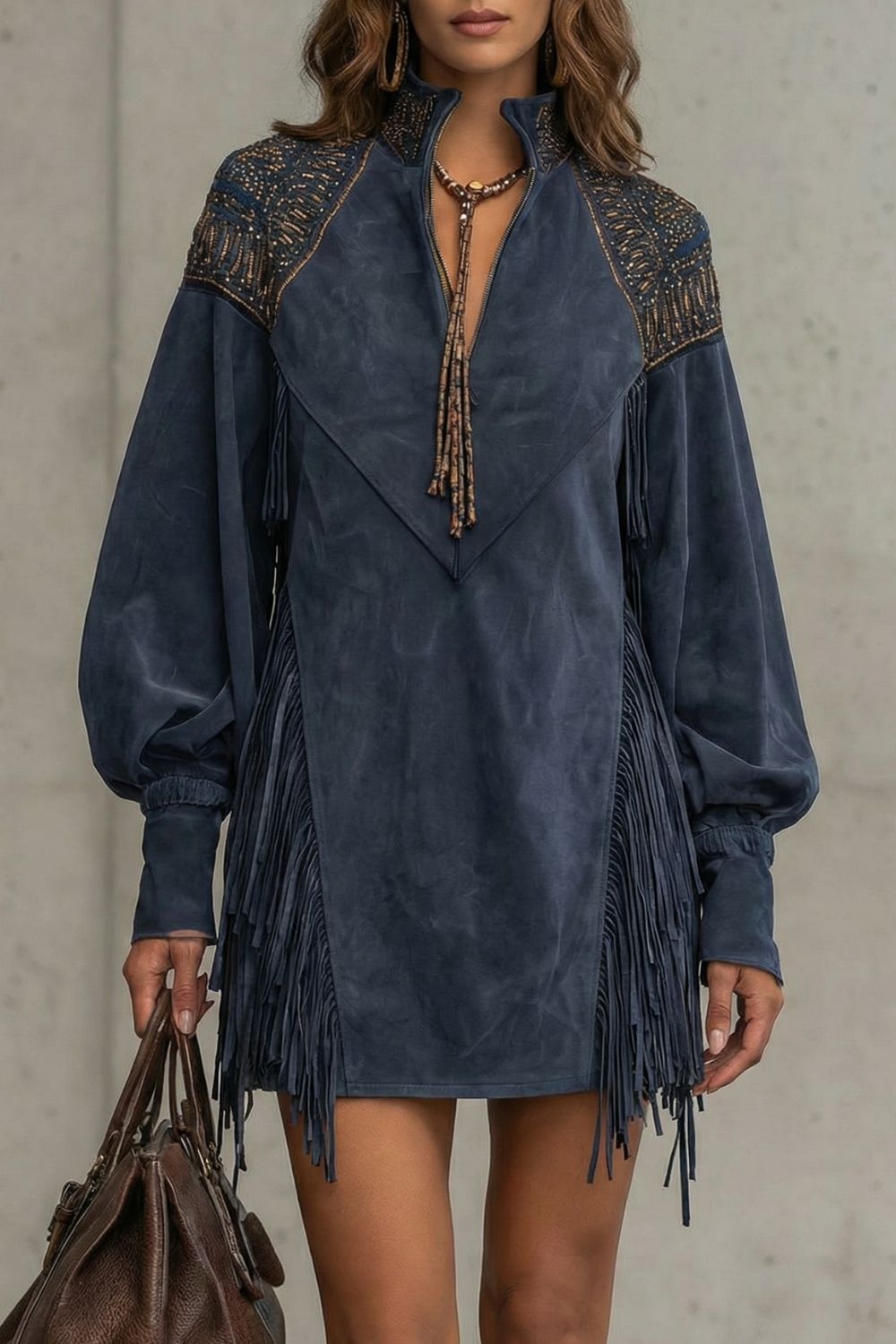 Calvetta – Embroidered fringe detail – Tunic mini dress-10452985053527-OLVIA ROSE LONDON