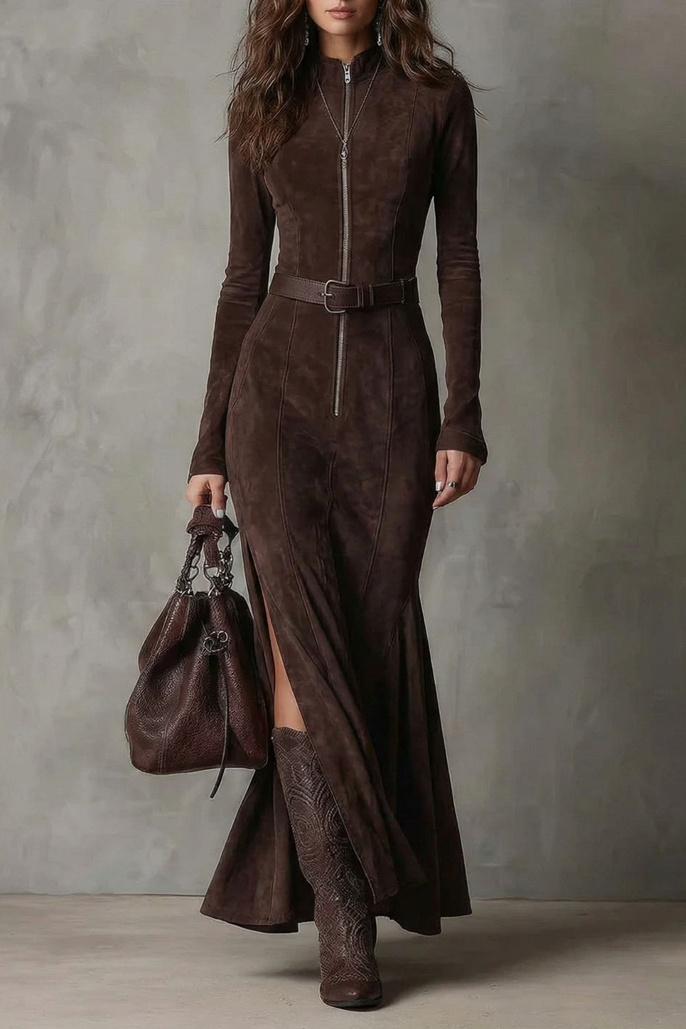 Raviona – Belted suede style – Maxi zip dress（Includes belt）-10454016754007-OLVIA ROSE LONDON