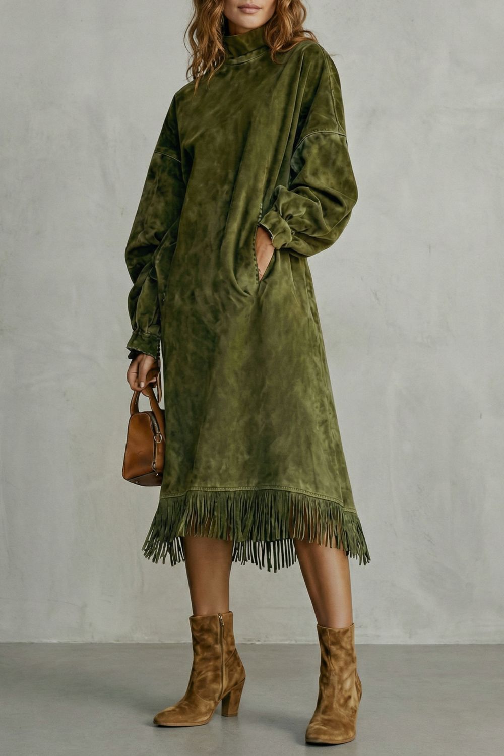 Valdrina – Suede fringe detail – Midi turtleneck dress-10452926300503-OLVIA ROSE LONDON