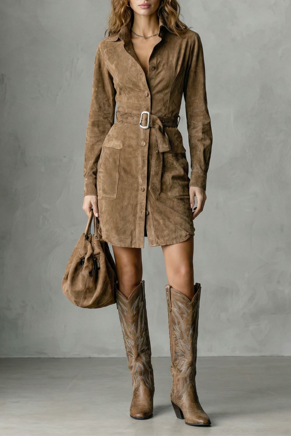 Vellessa – Belted silhouette – Suede midi dress-10452984136023-OLVIA ROSE LONDON