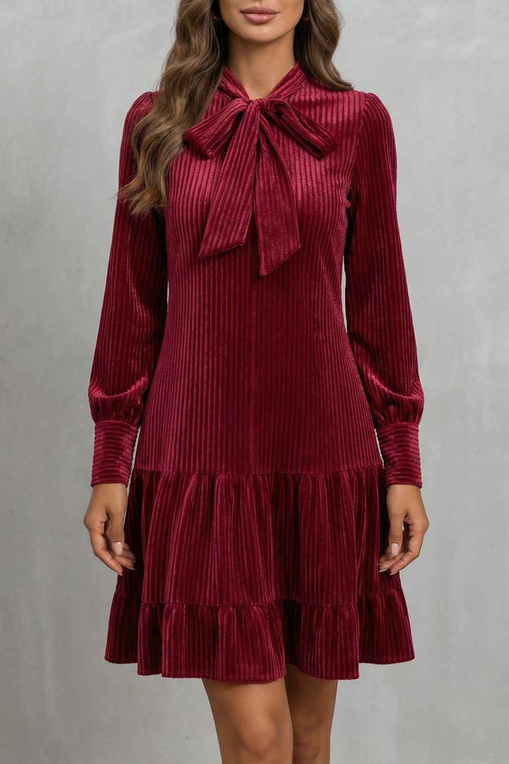 Valeriane – Bow tie detail – Velvety Corduroy mini dress-10454206480727-OLVIA ROSE LONDON