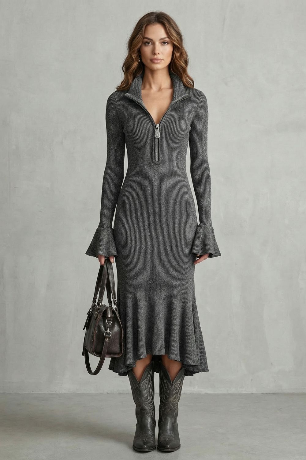 Veloria – Flared cuff elegance – Zip midi dress-10452979548503-OLVIA ROSE LONDON