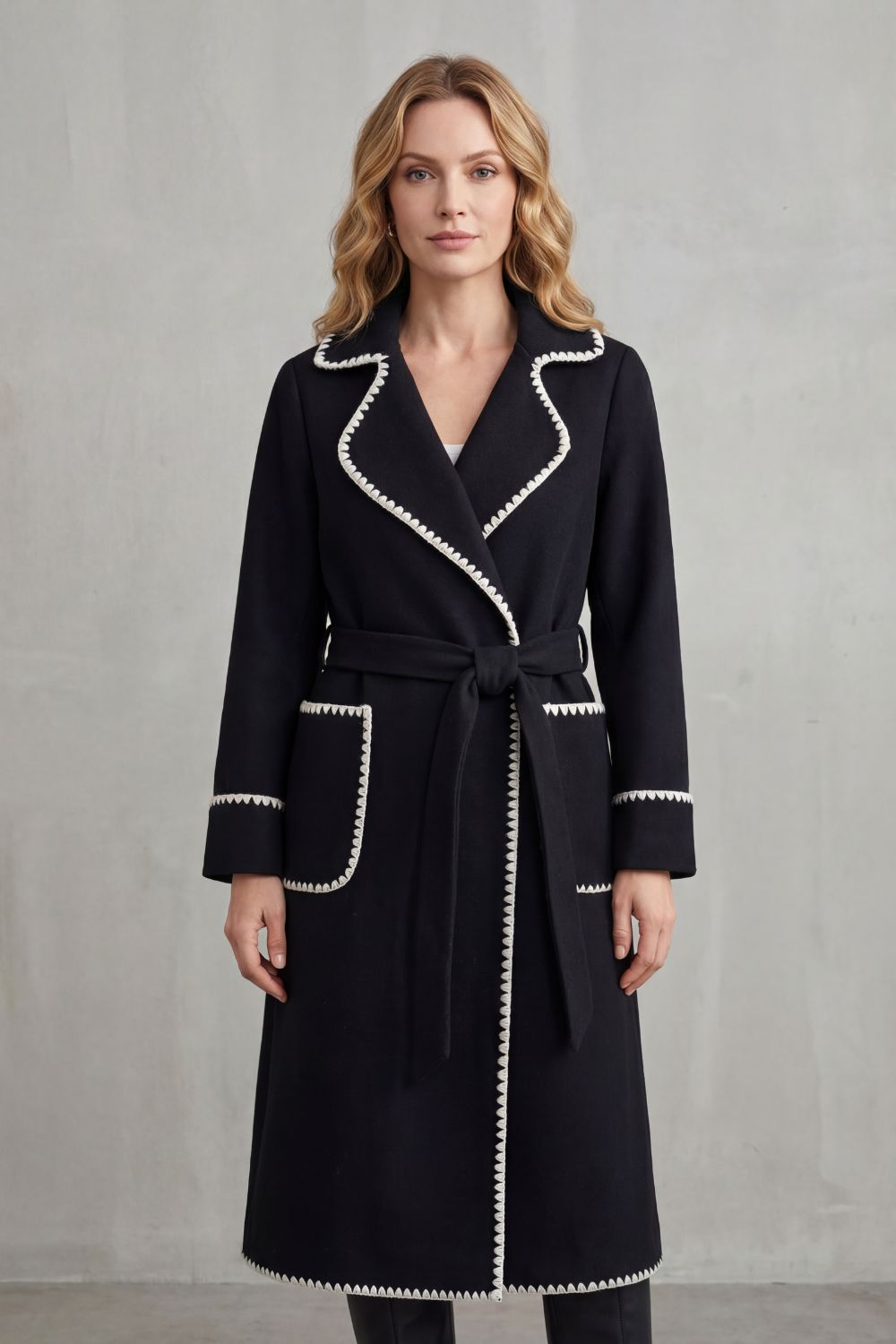 Serafelle – Contrast trim – Longline belted coat-10472589984087-OLVIA ROSE LONDON