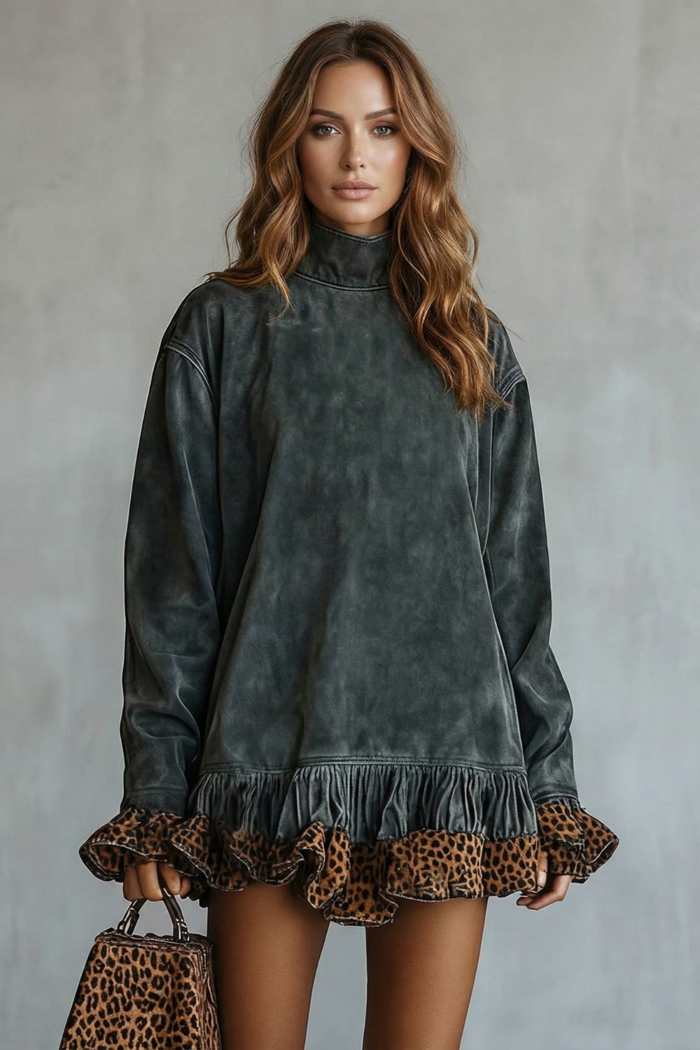 Selvatta – Leopard trim ruffle – Suede mini dress-10452970996055-OLVIA ROSE LONDON