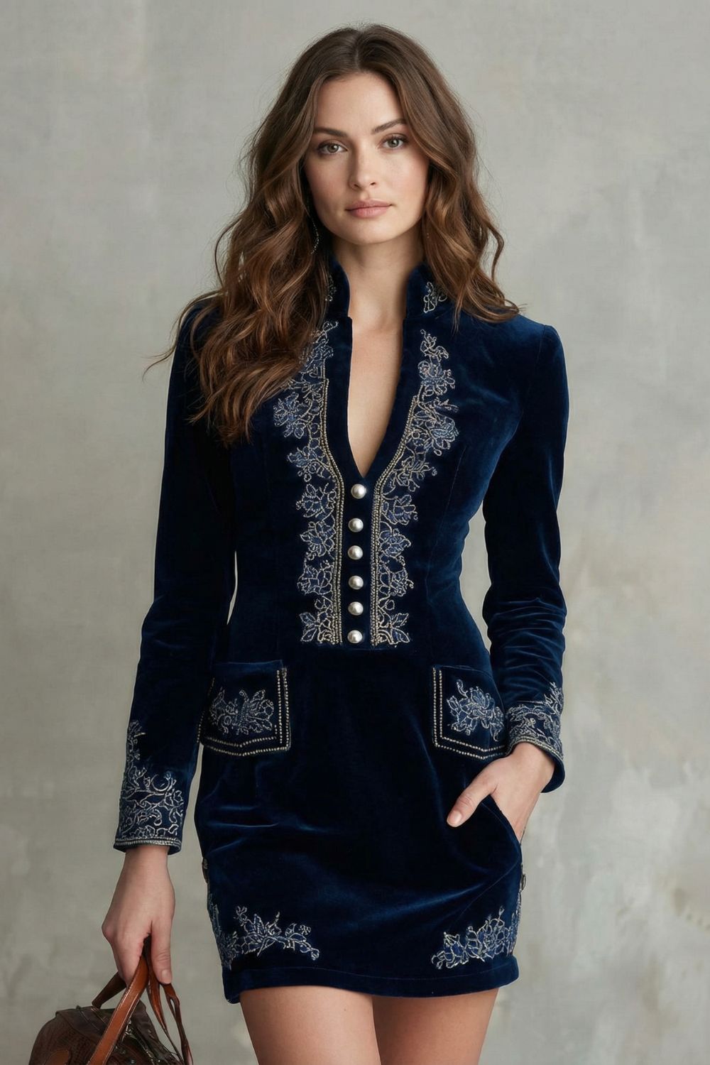 Élarine – Embroidered velvet elegance – Fitted mini dress-10453186117975-OLVIA ROSE LONDON