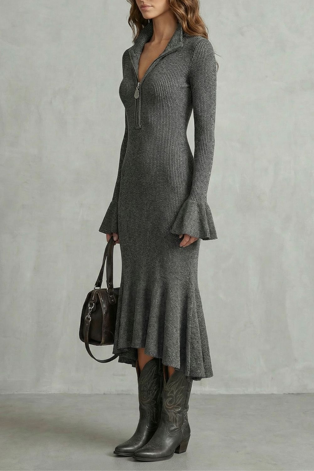 Veloria – Flared cuff elegance – Zip midi dress-10452979548503-OLVIA ROSE LONDON