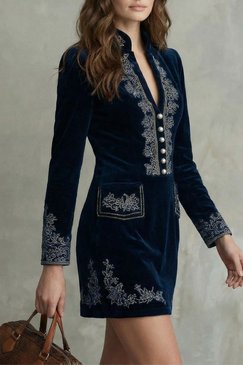 Élarine – Embroidered velvet elegance – Fitted mini dress-10453186117975-OLVIA ROSE LONDON