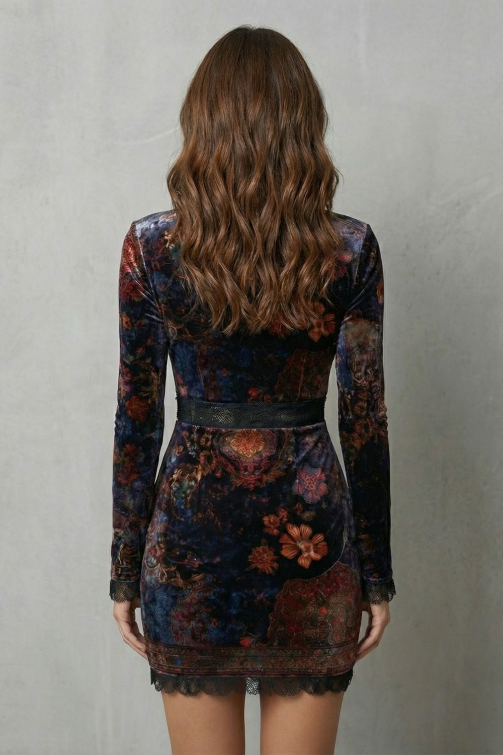 Solenza – Baroque lace plunge – Velvet mini dress-10454175547735-OLVIA ROSE LONDON