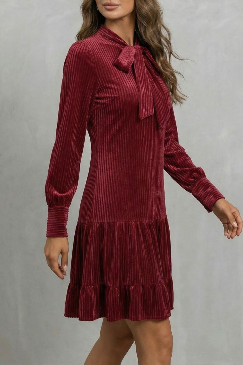 Valeriane – Bow tie detail – Velvety Corduroy mini dress-10454206480727-OLVIA ROSE LONDON