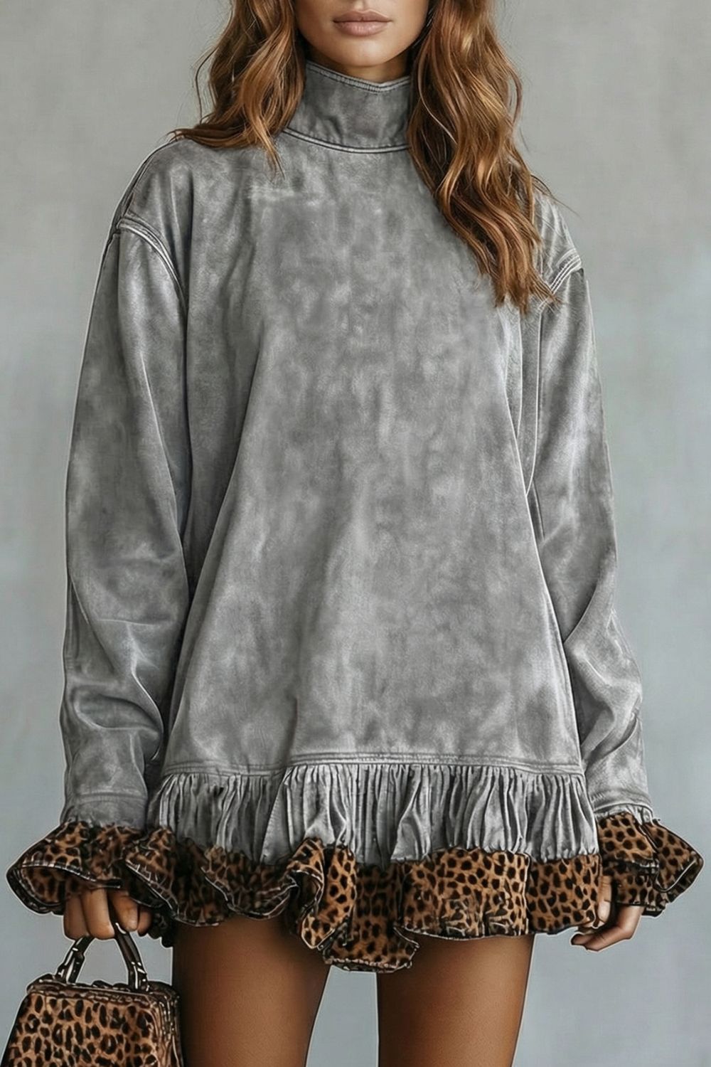 Selvatta – Leopard trim ruffle – Suede mini dress-10452970996055-OLVIA ROSE LONDON