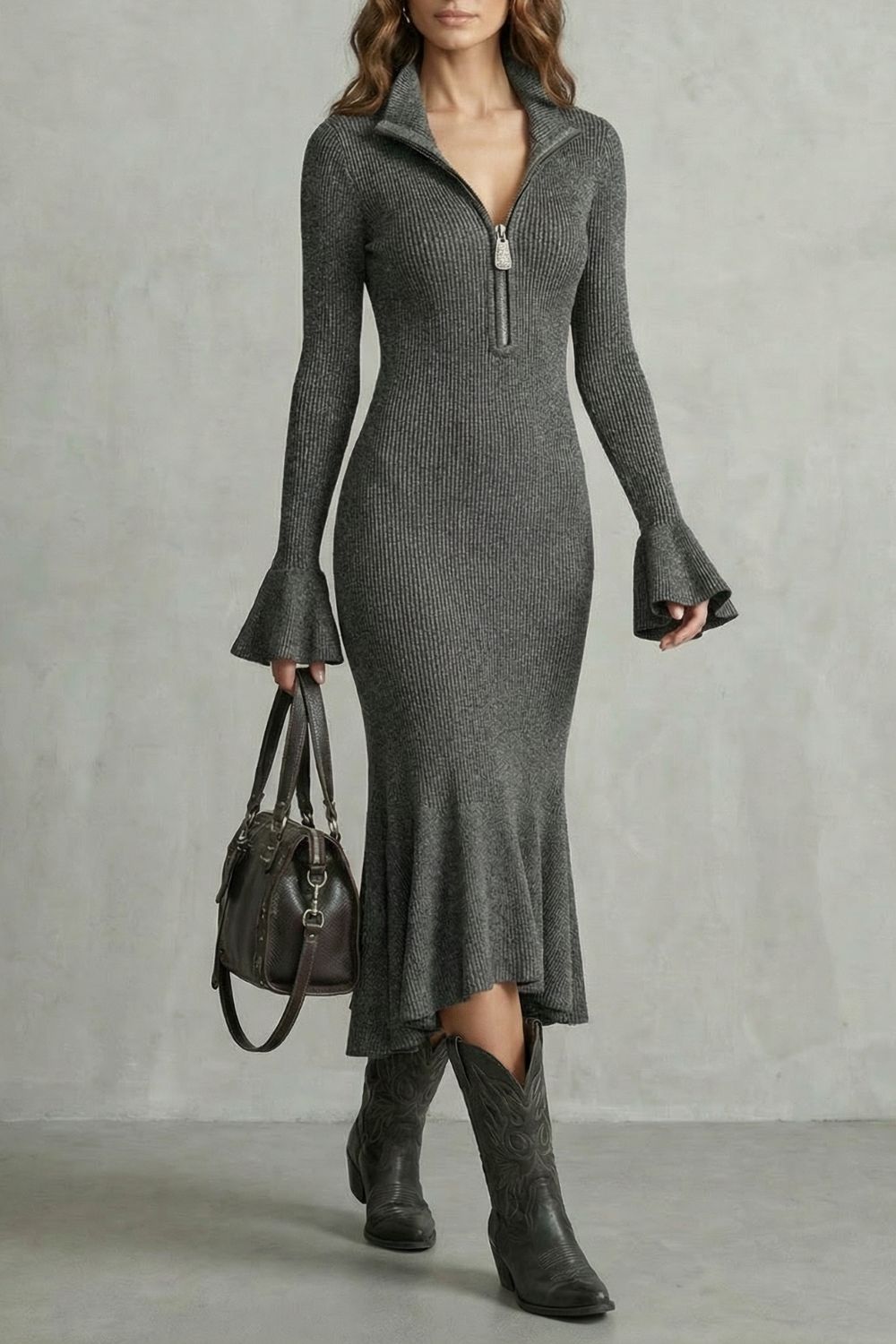 Veloria – Flared cuff elegance – Zip midi dress-10452979548503-OLVIA ROSE LONDON