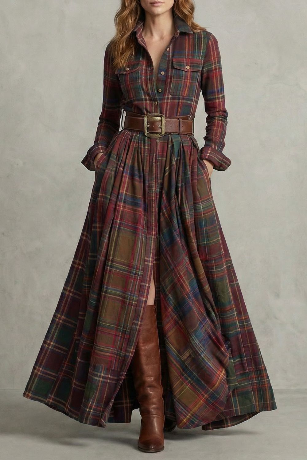 Velerine – Highland charm – Plaid maxi shirt dress (belt included)-10452973748567-OLVIA ROSE LONDON