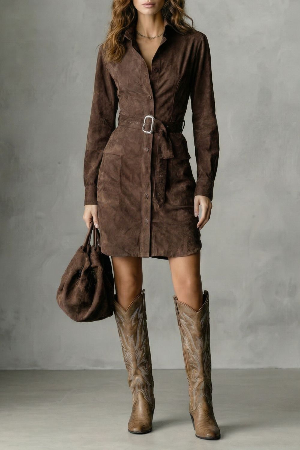 Vellessa – Belted silhouette – Suede midi dress-10452984136023-OLVIA ROSE LONDON