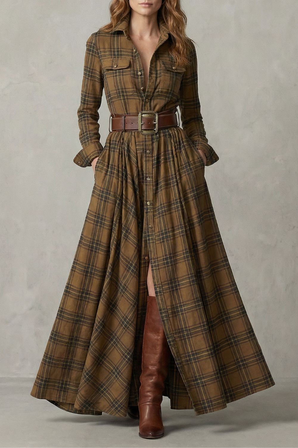 Velerine – Highland charm – Plaid maxi shirt dress (belt included)-10452973748567-OLVIA ROSE LONDON