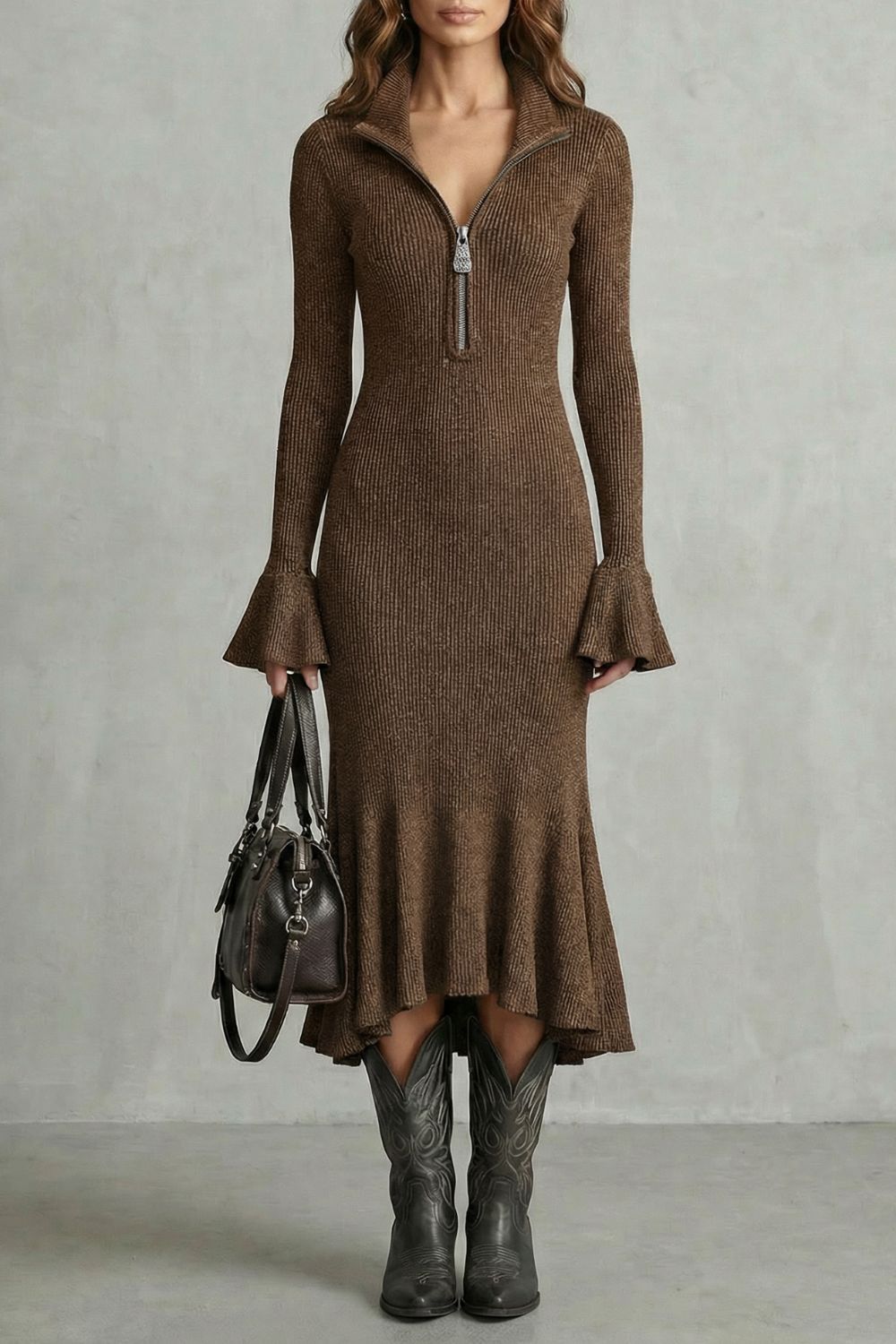 Veloria – Flared cuff elegance – Zip midi dress-10452979548503-OLVIA ROSE LONDON