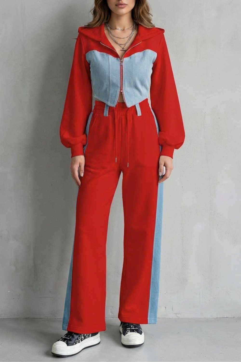 Arlo – Denim Splice – Two-Piece Hoodie & Sweatpant Set-10494042440023-OLVIA ROSE LONDON