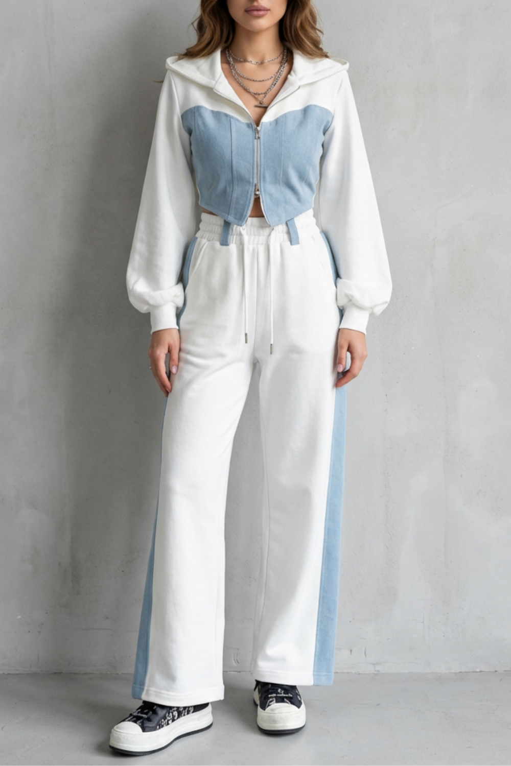 Arlo – Denim Splice – Two-Piece Hoodie & Sweatpant Set-10494042440023-OLVIA ROSE LONDON