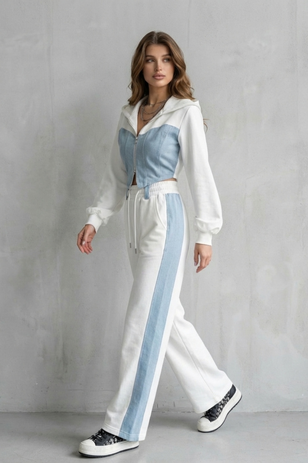 Arlo – Denim Splice – Two-Piece Hoodie & Sweatpant Set-10494042440023-OLVIA ROSE LONDON