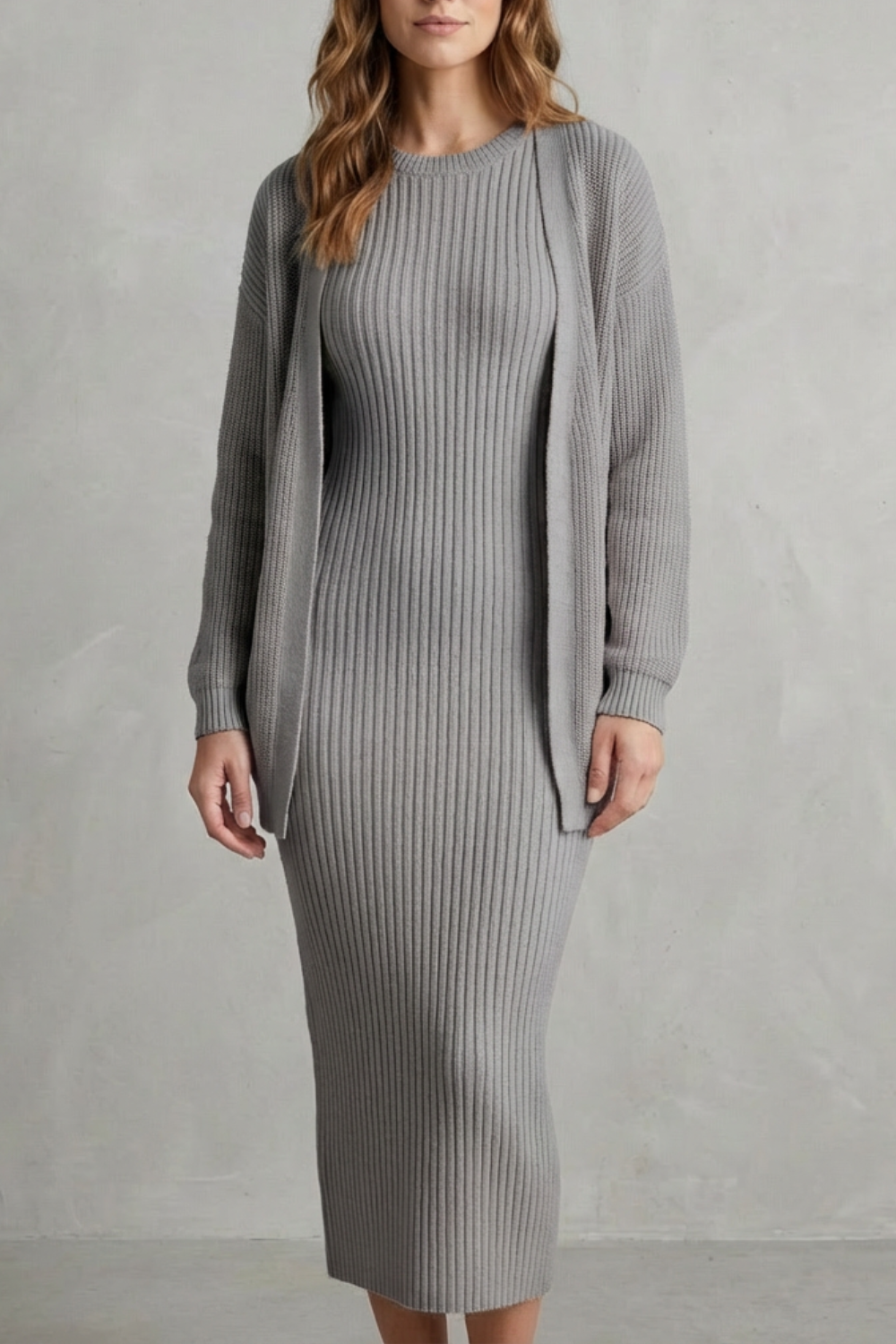 Aurelia – Ribbed Knit Sweater Dress Set – 2-Piece Slim-Fit Cardigan Ensemble-10494046863703-OLVIA ROSE LONDON