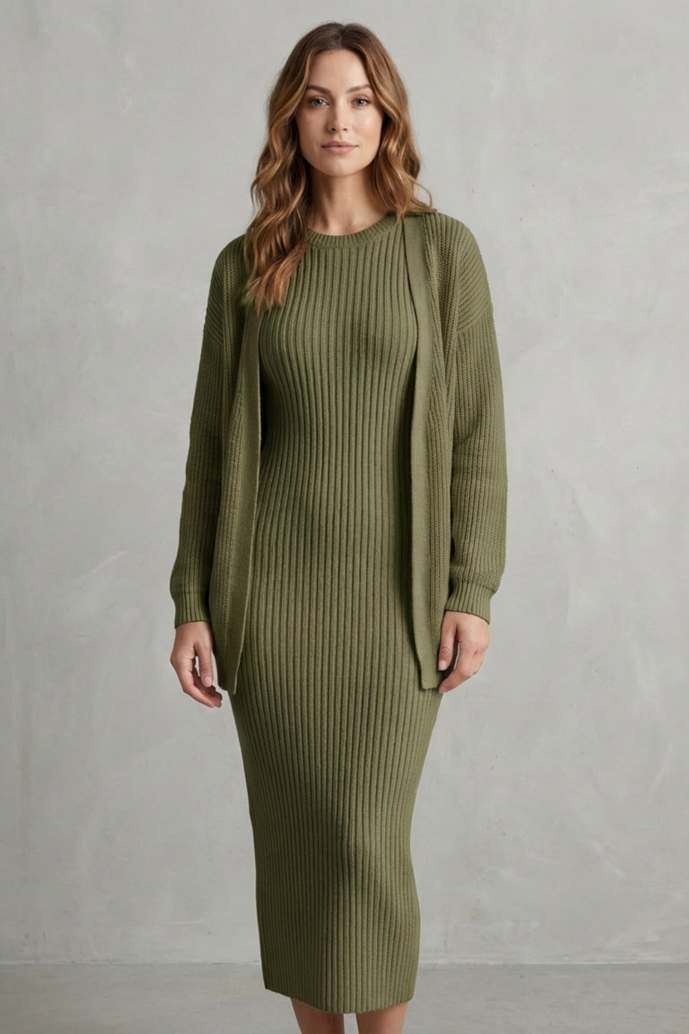 Aurelia – Ribbed Knit Sweater Dress Set – 2-Piece Slim-Fit Cardigan Ensemble-10494046863703-OLVIA ROSE LONDON