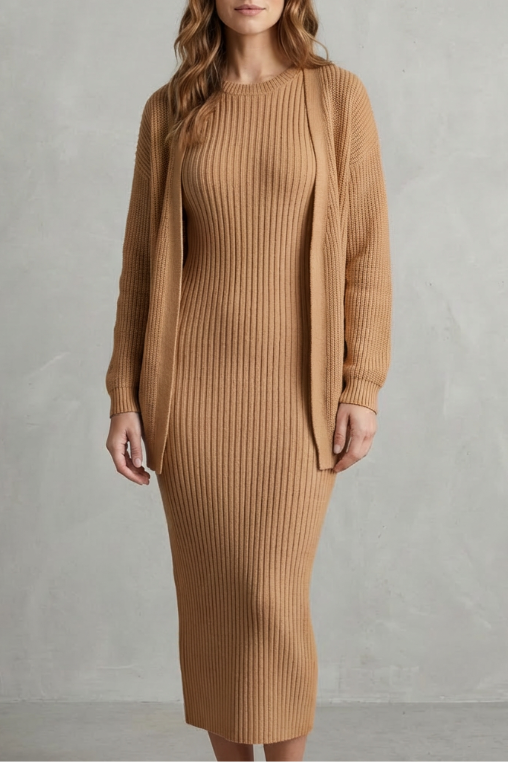 Aurelia – Ribbed Knit Sweater Dress Set – 2-Piece Slim-Fit Cardigan Ensemble-10494046863703-OLVIA ROSE LONDON