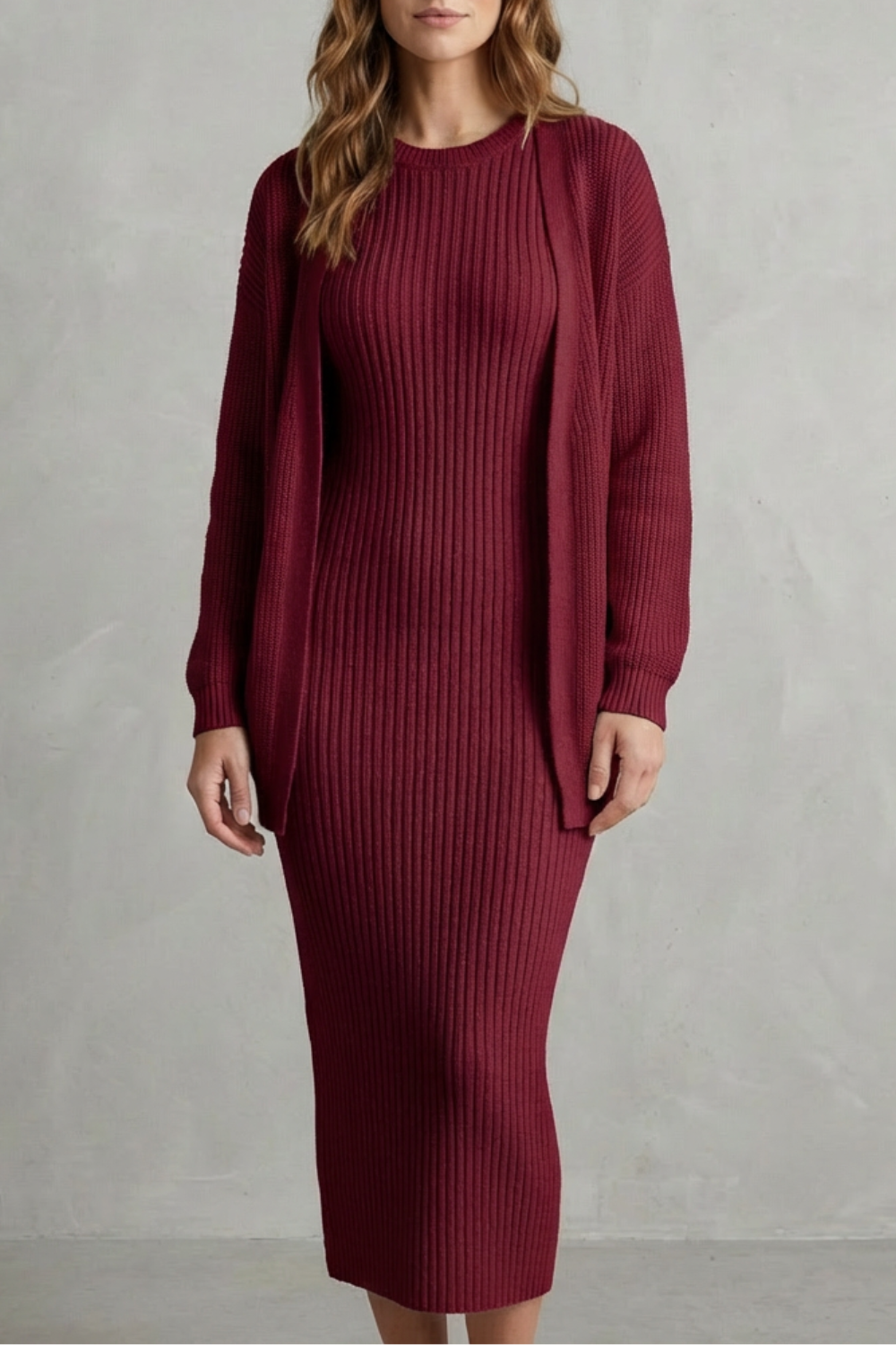 Aurelia – Ribbed Knit Sweater Dress Set – 2-Piece Slim-Fit Cardigan Ensemble-10494046863703-OLVIA ROSE LONDON