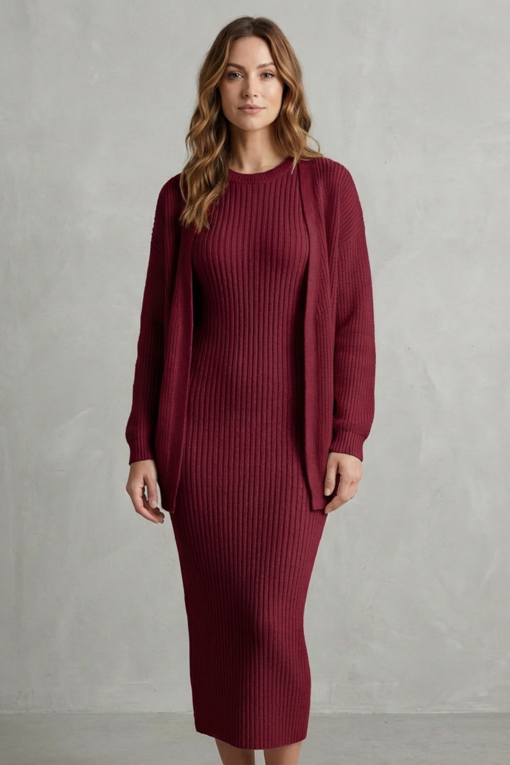 Aurelia – Ribbed Knit Sweater Dress Set – 2-Piece Slim-Fit Cardigan Ensemble-10494046863703-OLVIA ROSE LONDON