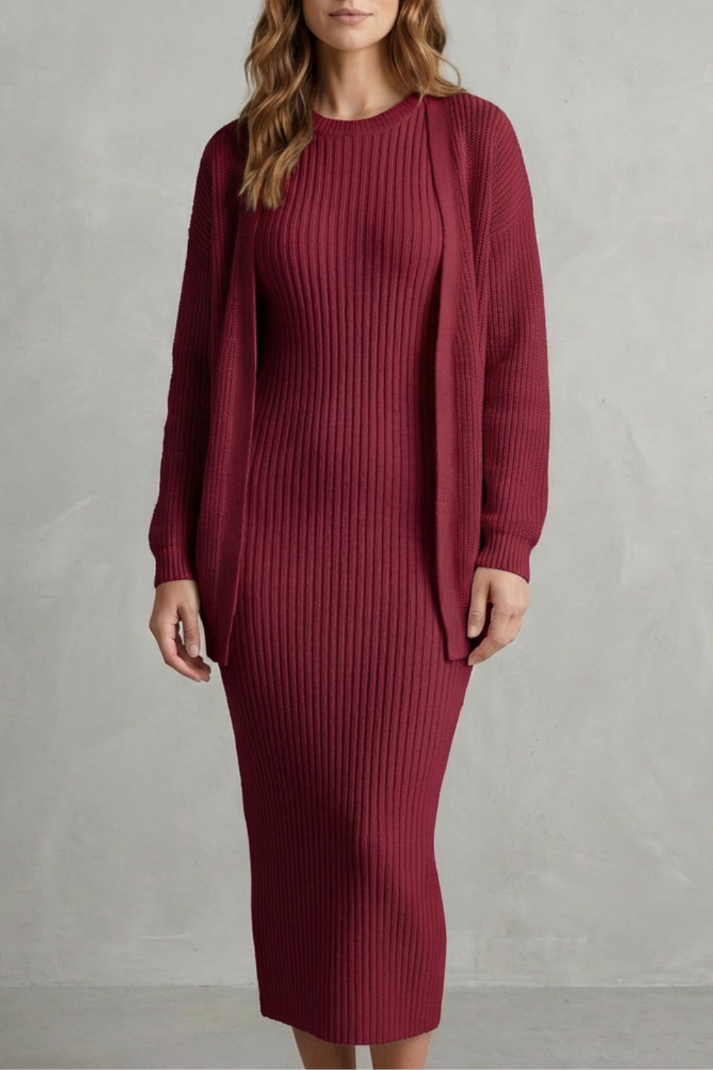 Aurelia – Ribbed Knit Sweater Dress Set – 2-Piece Slim-Fit Cardigan Ensemble-10494046863703-OLVIA ROSE LONDON