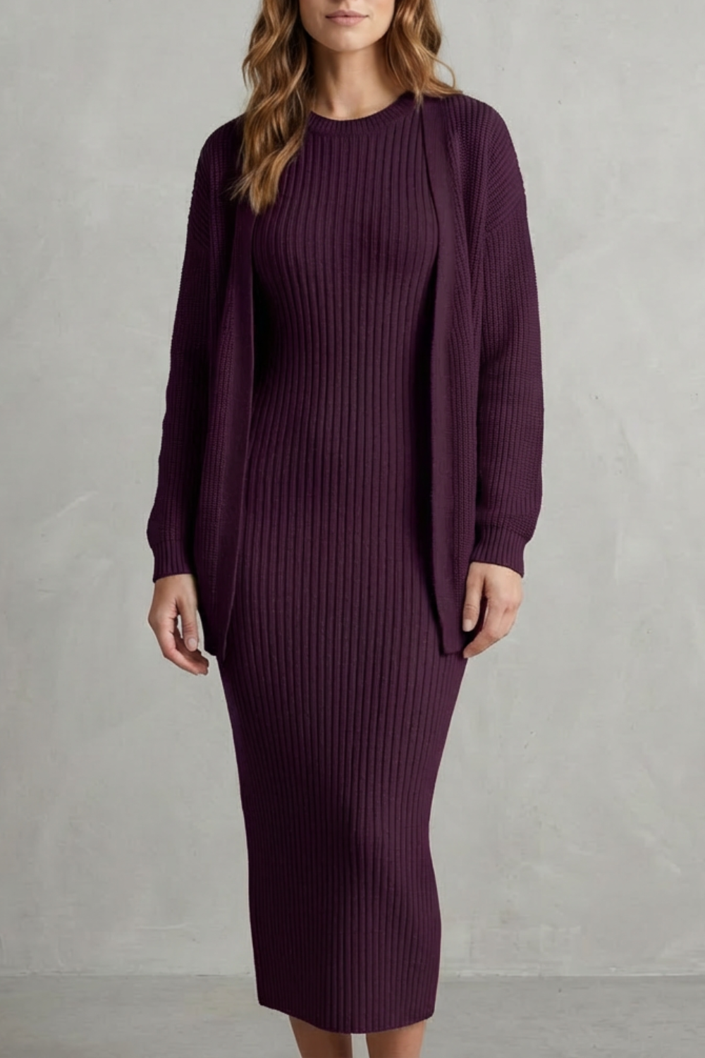 Aurelia – Ribbed Knit Sweater Dress Set – 2-Piece Slim-Fit Cardigan Ensemble-10494046863703-OLVIA ROSE LONDON