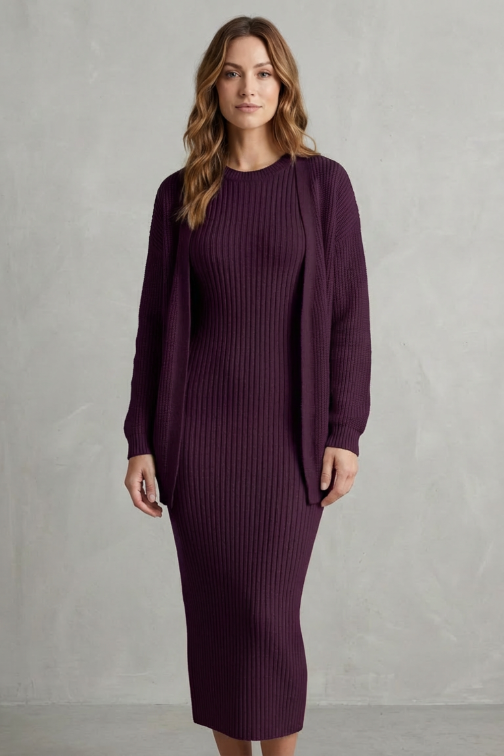 Aurelia – Ribbed Knit Sweater Dress Set – 2-Piece Slim-Fit Cardigan Ensemble-10494046863703-OLVIA ROSE LONDON