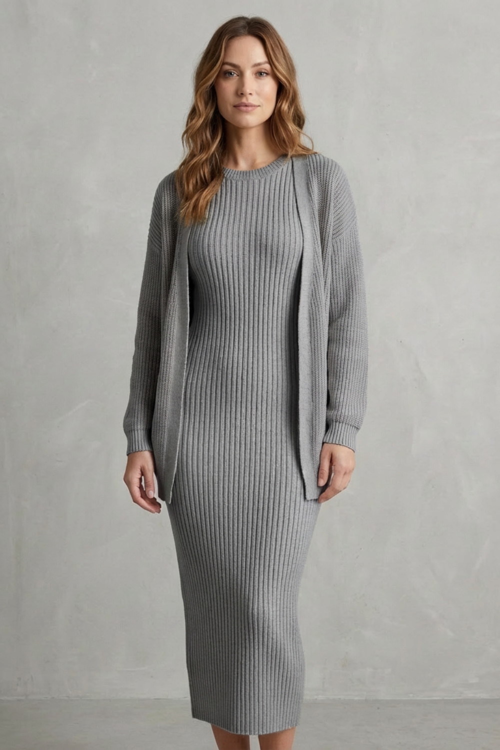 Aurelia – Ribbed Knit Sweater Dress Set – 2-Piece Slim-Fit Cardigan Ensemble-10494046863703-OLVIA ROSE LONDON