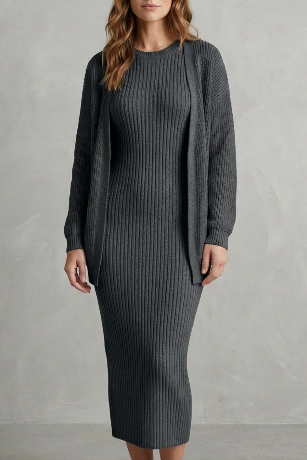 Aurelia – Ribbed Knit Sweater Dress Set – 2-Piece Slim-Fit Cardigan Ensemble-10494046863703-OLVIA ROSE LONDON