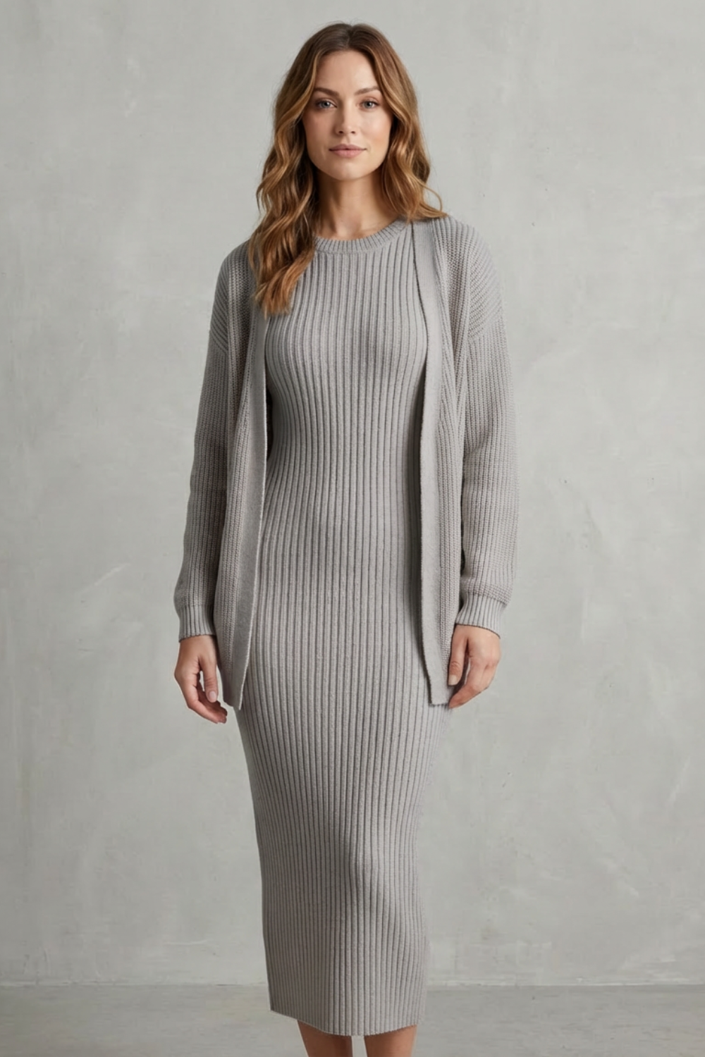 Aurelia – Ribbed Knit Sweater Dress Set – 2-Piece Slim-Fit Cardigan Ensemble-10494046863703-OLVIA ROSE LONDON