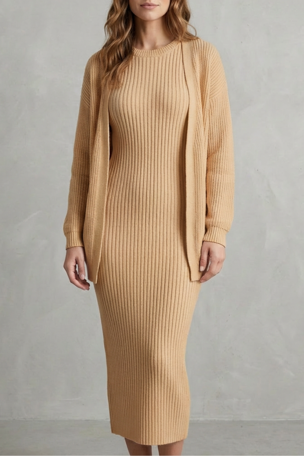 Aurelia – Ribbed Knit Sweater Dress Set – 2-Piece Slim-Fit Cardigan Ensemble-10494046863703-OLVIA ROSE LONDON