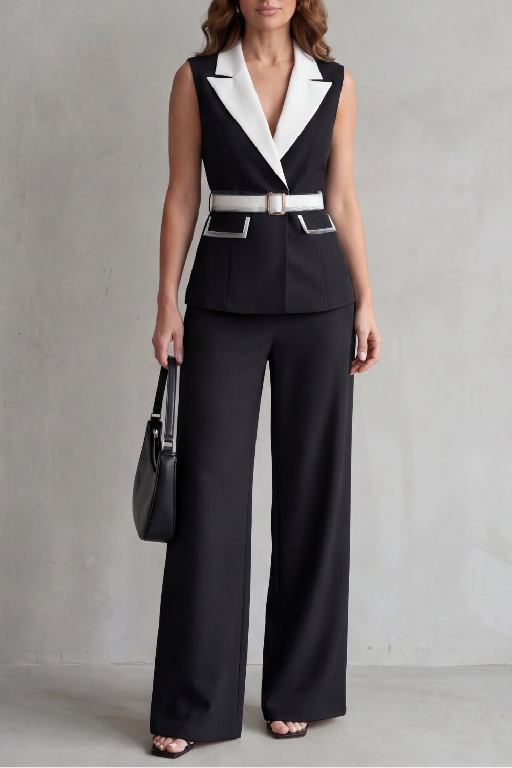 Bellavive – Two-tone lapel – Sleeveless trouser suit-10494036312407-OLVIA ROSE LONDON