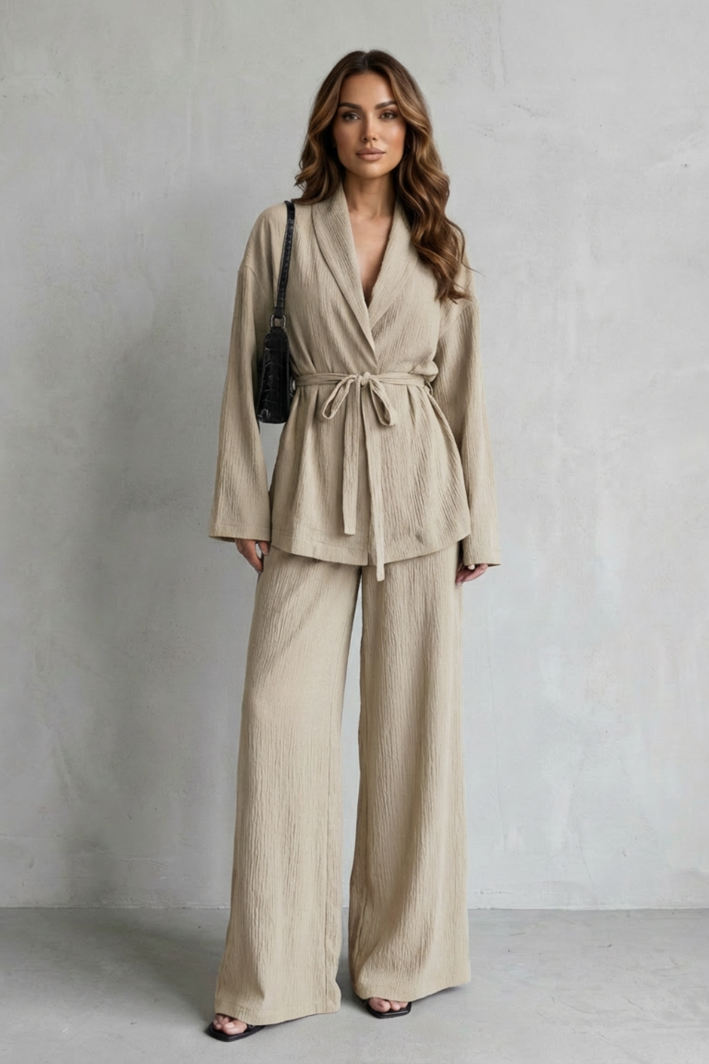 Calissa – V-Neck Belted Set – Elegant Wide-Leg Pants Ensemble-10510549811543-OLVIA ROSE LONDON