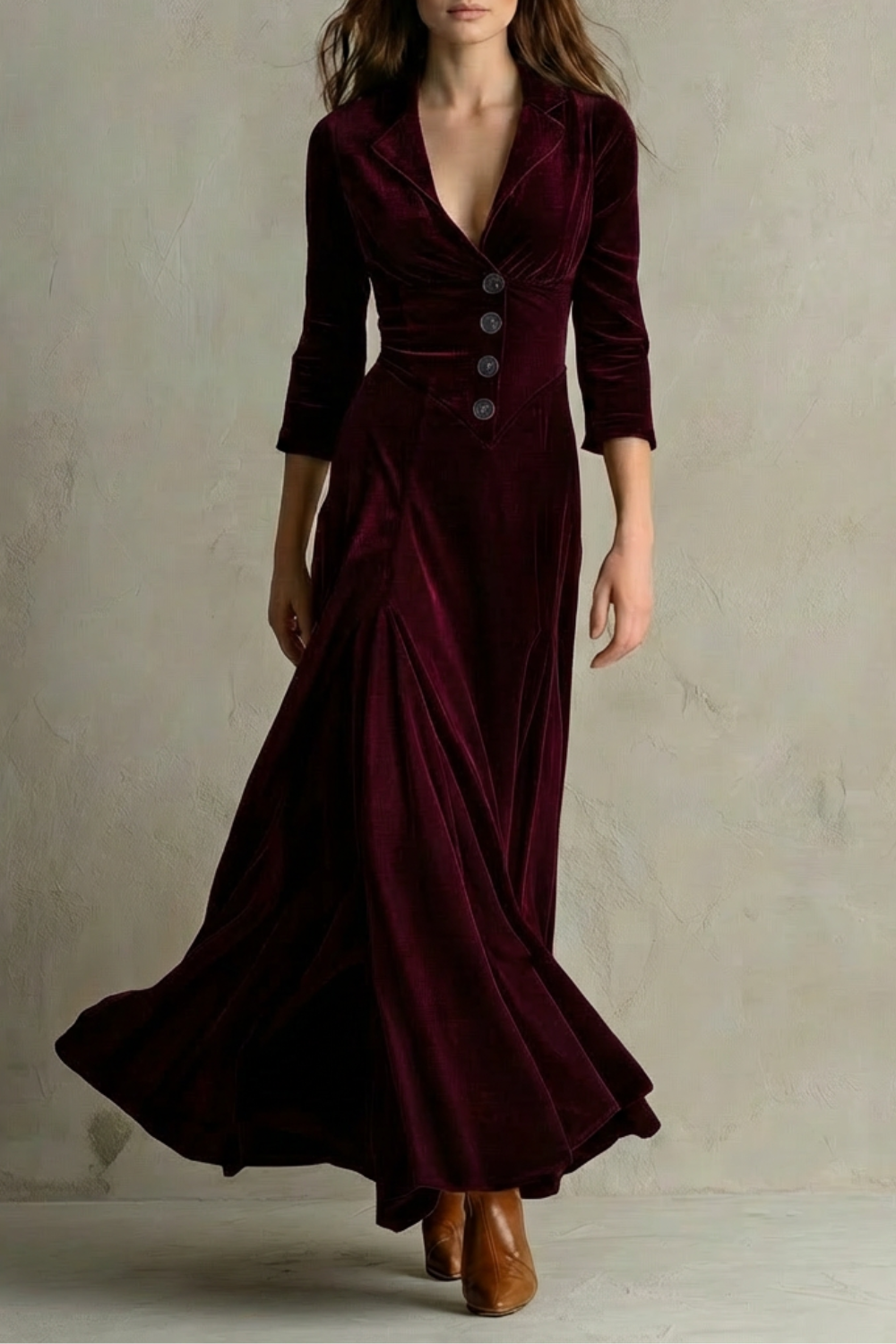 Celeste – Vintage Velvet Long Dress – Elegant Buttoned Swing Skirt with Lapel Detail-10494046798167-OLVIA ROSE LONDON