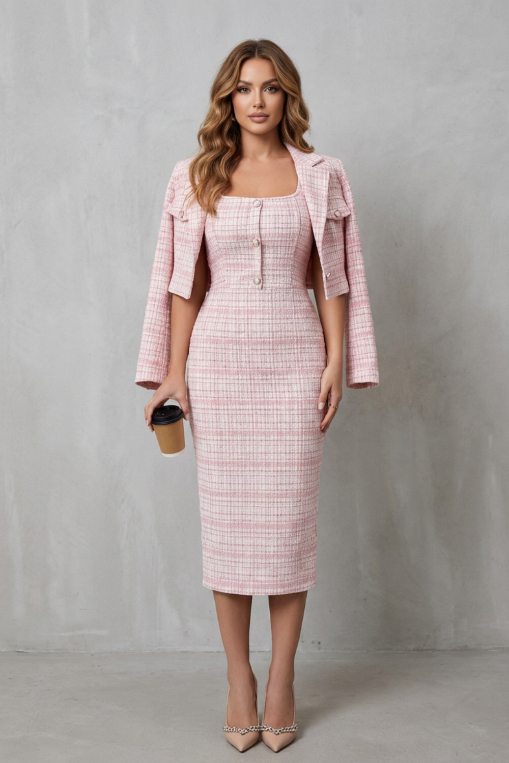 Bellaisie – Elegant plaid tailoring – Two-piece midi dress set-10494057939287-OLVIA ROSE LONDON