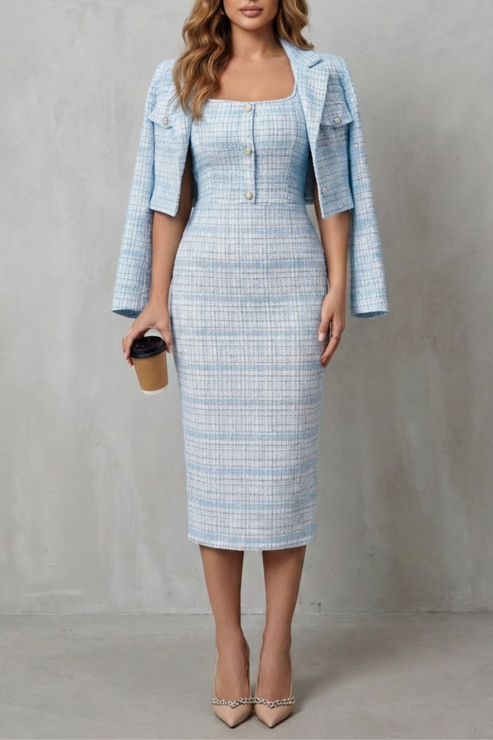 Bellaisie – Elegant plaid tailoring – Two-piece midi dress set-10494057939287-OLVIA ROSE LONDON