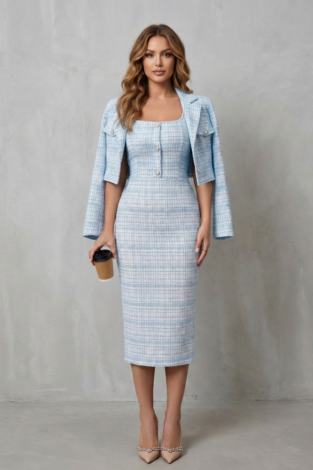 Bellaisie – Elegant plaid tailoring – Two-piece midi dress set-10494057939287-OLVIA ROSE LONDON