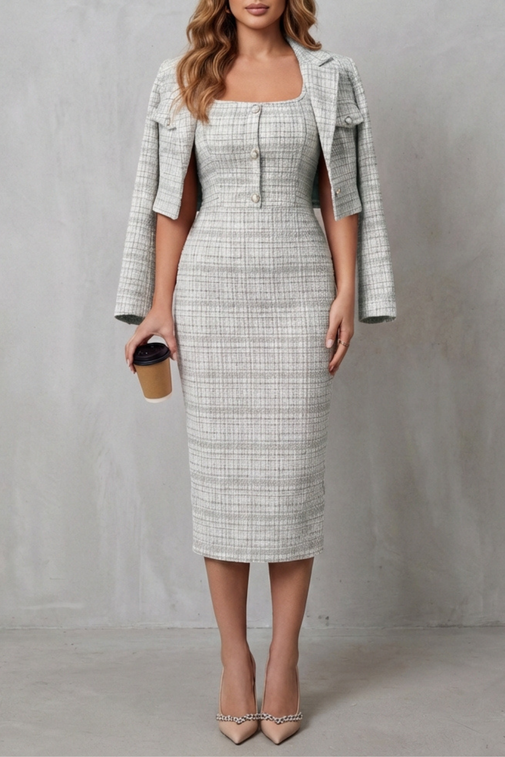 Bellaisie – Elegant plaid tailoring – Two-piece midi dress set-10494057939287-OLVIA ROSE LONDON