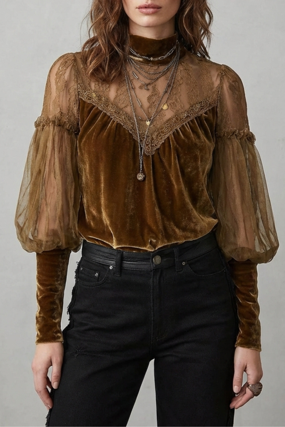 Elayssia – Sheer lace detail – Velvet turtleneck blouse-10497647083863-OLVIA ROSE LONDON