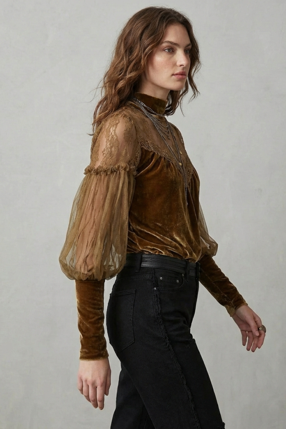 Elayssia – Sheer lace detail – Velvet turtleneck blouse-10497647083863-OLVIA ROSE LONDON