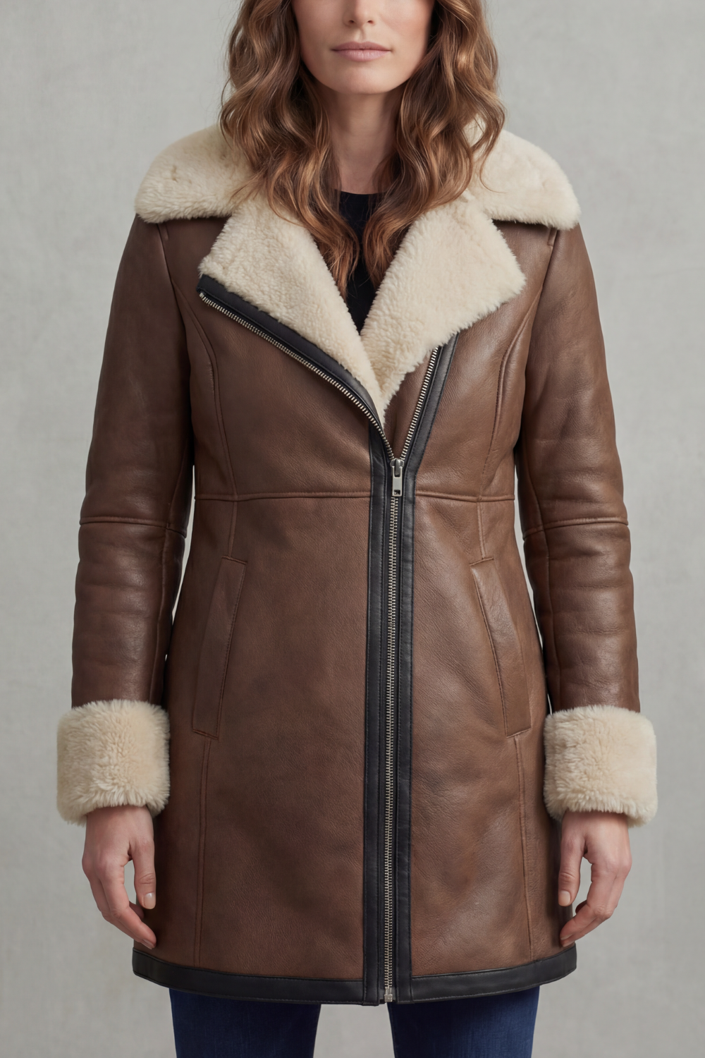 Elisara – Shearling collar – Leather winter coat-10481800511831-OLVIA ROSE LONDON