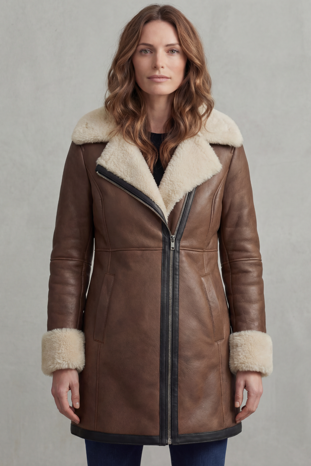 Elisara – Shearling collar – Leather winter coat-10481800511831-OLVIA ROSE LONDON