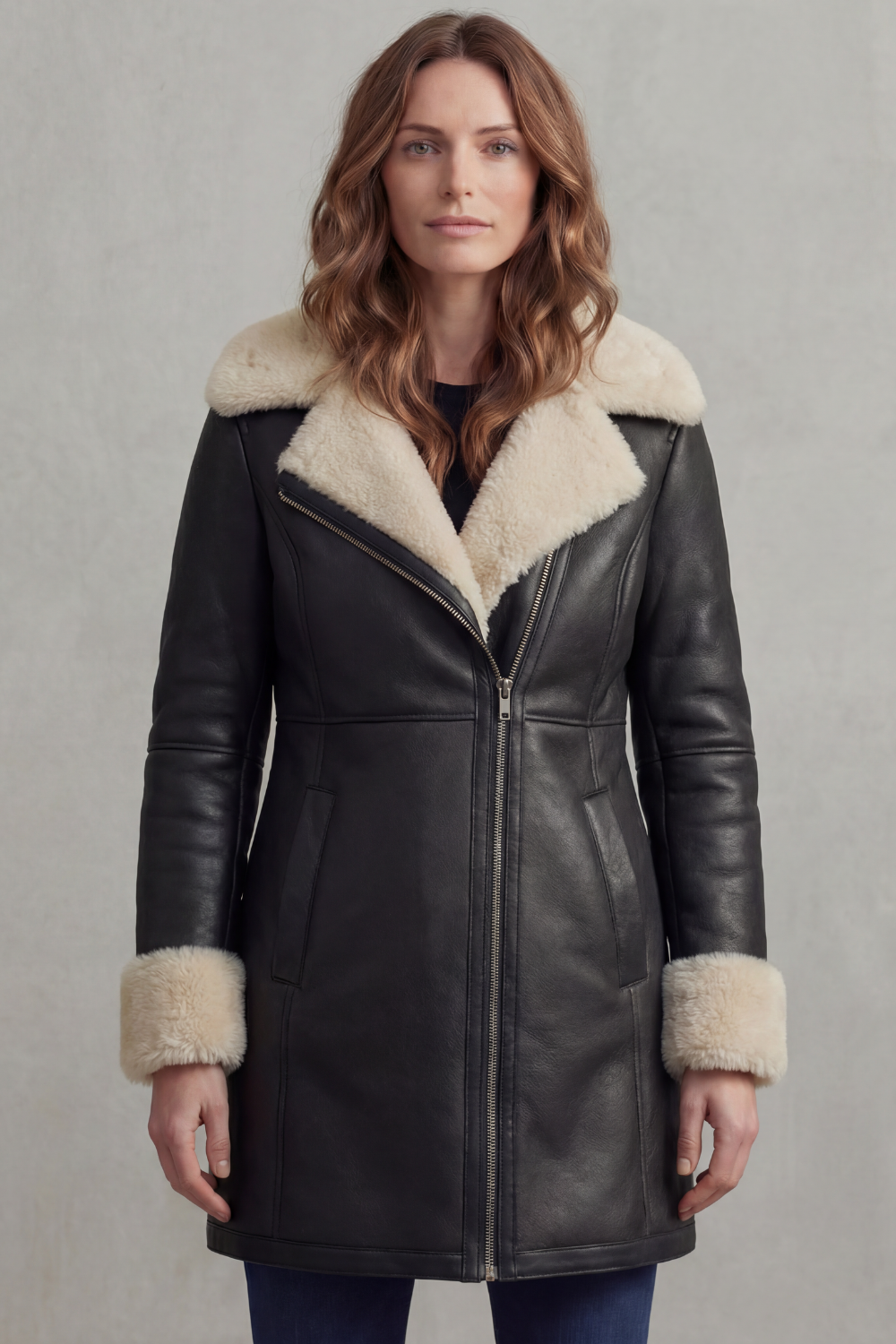 Elisara – Shearling collar – Leather winter coat-10481800511831-OLVIA ROSE LONDON