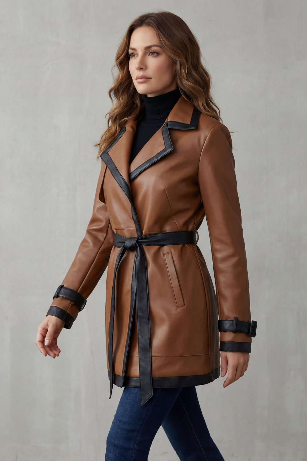 Mirella – Contrast trim wrap – Belted faux leather trench coat-10482698027351-OLVIA ROSE LONDON