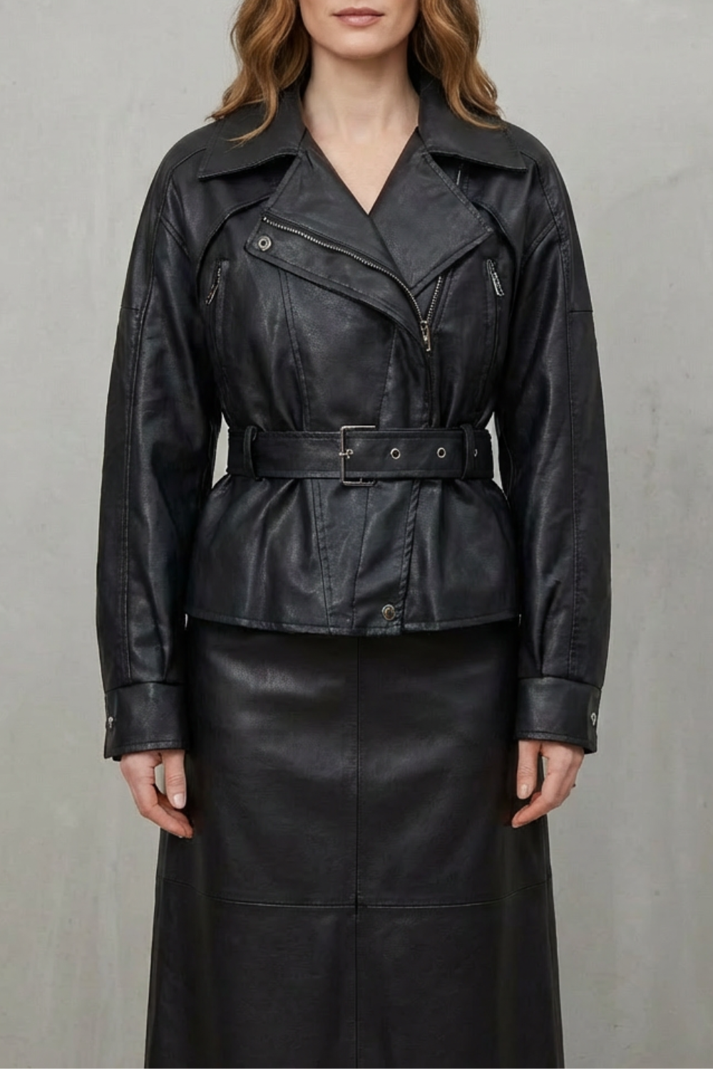 Mirella – Faux Leather Belted Blazer – Sculpted Modern Jacket-10494046568791-OLVIA ROSE LONDON