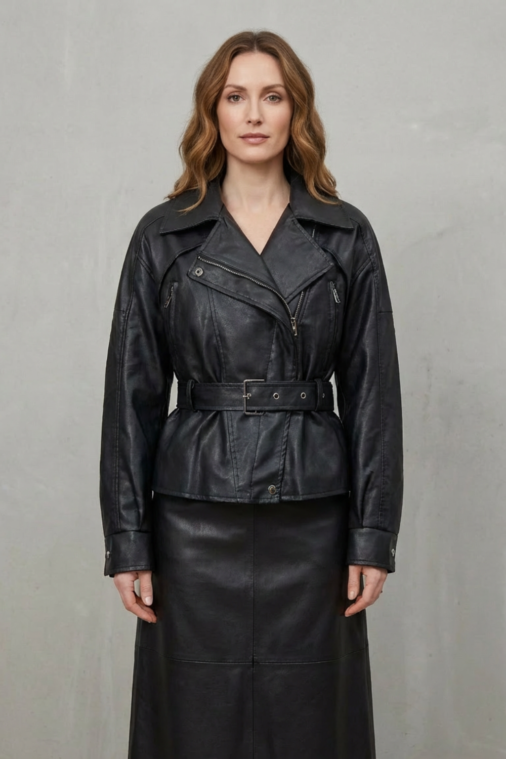 Mirella – Faux Leather Belted Blazer – Sculpted Modern Jacket-10494046568791-OLVIA ROSE LONDON